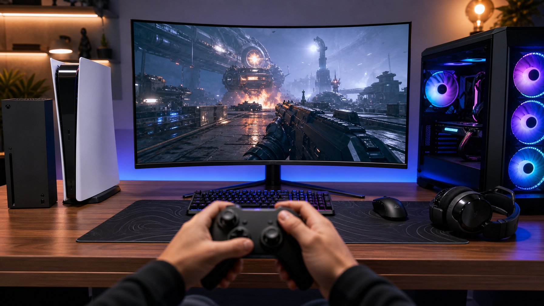 Setup gaming modern dengan monitor besar menampilkan permainan tembak-menembak futuristik, PC gaming, konsol PS5 dan Xbox di atas meja, dengan tangan pemain memegang kontroler.