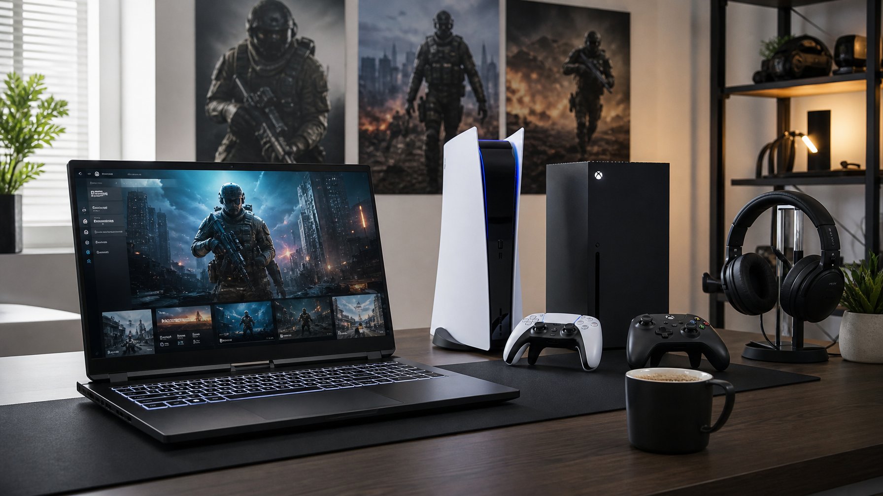 Meja kerja dengan laptop gaming, konsol PS5 dan Xbox yang menyala, serta perlengkapan bermain game di ruangan yang terang.