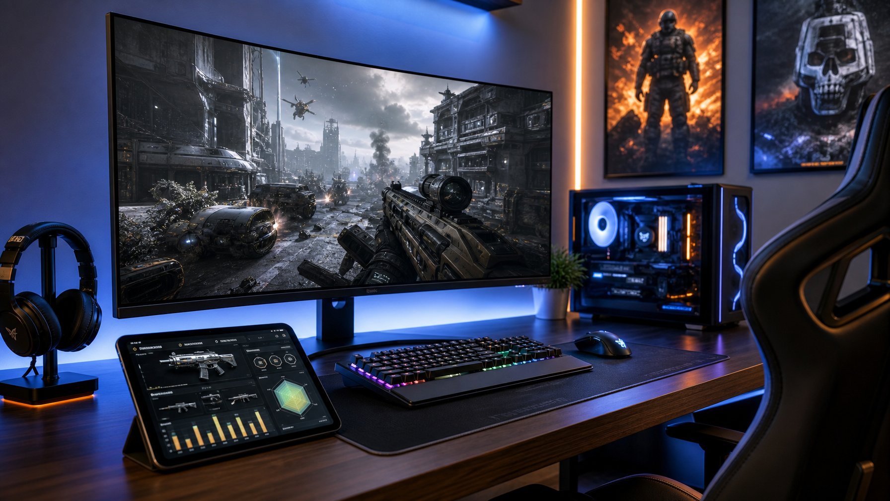 Sebuah meja gaming modern dengan monitor besar menampilkan permainan Call of Duty 2026 dan perangkat gaming lengkap di sekitarnya.