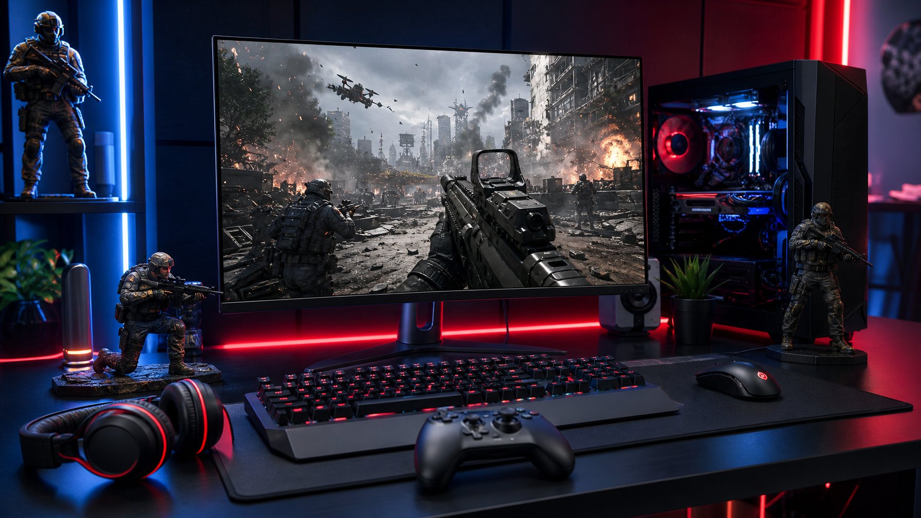 Sebuah meja gaming modern dengan komputer dan layar menampilkan permainan Call of Duty 2026, dilengkapi aksesori gaming dan figur prajurit bersenjata canggih.
