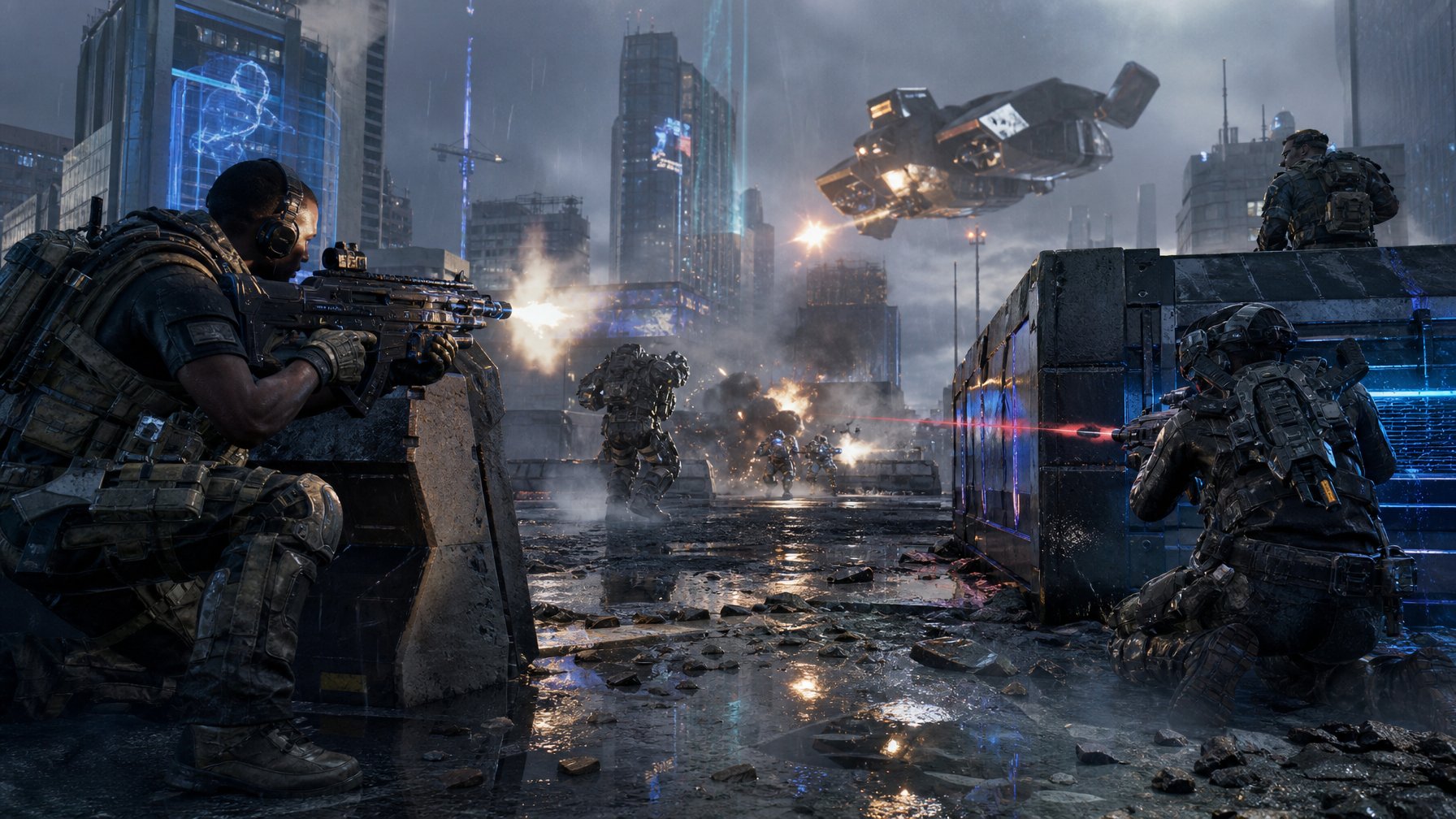 Adegan pertempuran multipemain futuristik dengan tentara bersenjata lengkap di peta kota modern yang baru.