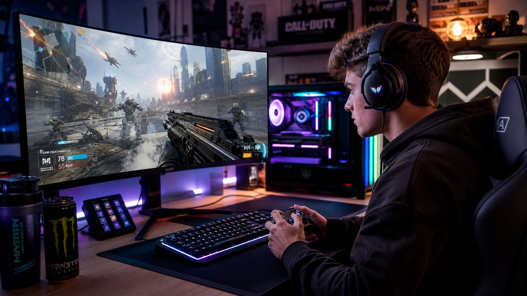 Seorang gamer muda fokus bermain permainan tembak-menembak futuristik di ruang permainan dengan komputer dan layar besar.