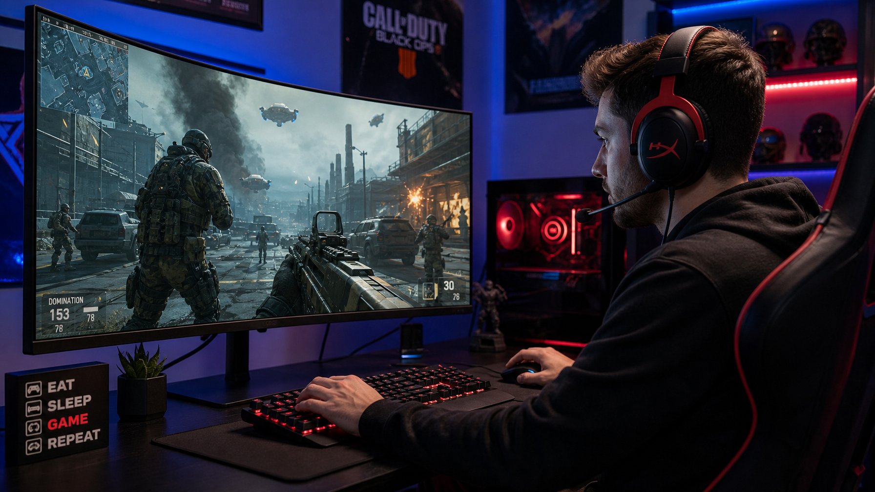 Seorang gamer muda sedang fokus bermain permainan tembak-menembak di komputer dengan latar belakang pencahayaan ambient dan perlengkapan gaming.