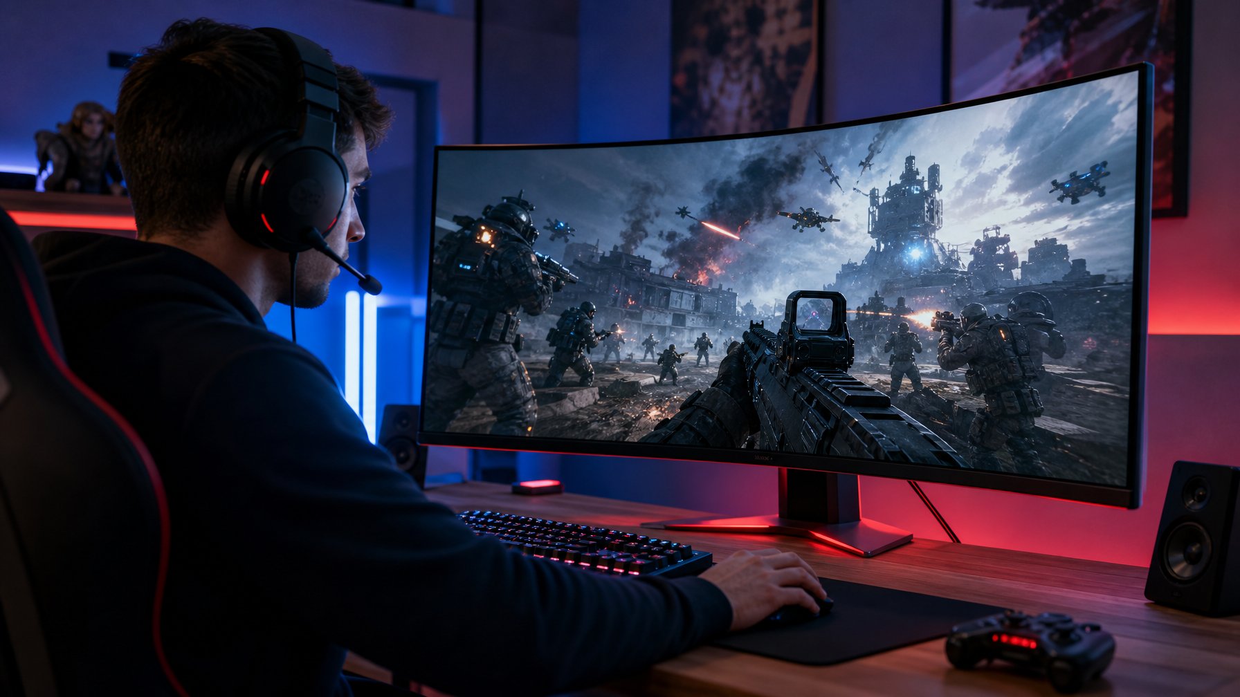 Seorang gamer sedang memainkan Call of Duty 2026 di meja gaming dengan monitor besar yang menampilkan adegan pertempuran futuristik, di ruang dengan pencahayaan LED biru dan merah.