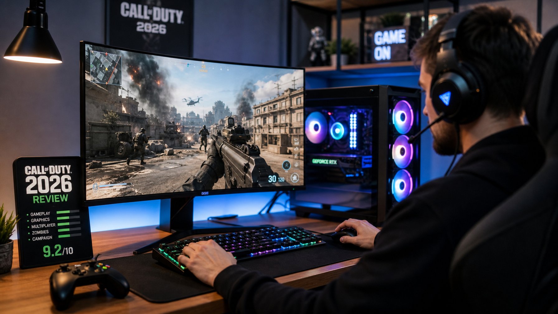 Seorang gamer sedang bermain game di komputer dengan monitor besar, mengenakan headset dan menggunakan mouse serta keyboard di meja yang rapi.