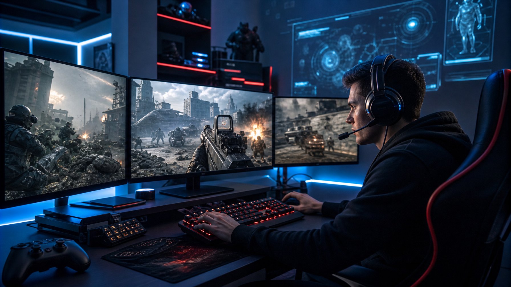 Seorang gamer muda sedang bermain game dengan setup komputer modern yang menampilkan layar dengan visual permainan tembak-menembak futuristik dan pencahayaan ambient biru dan merah.