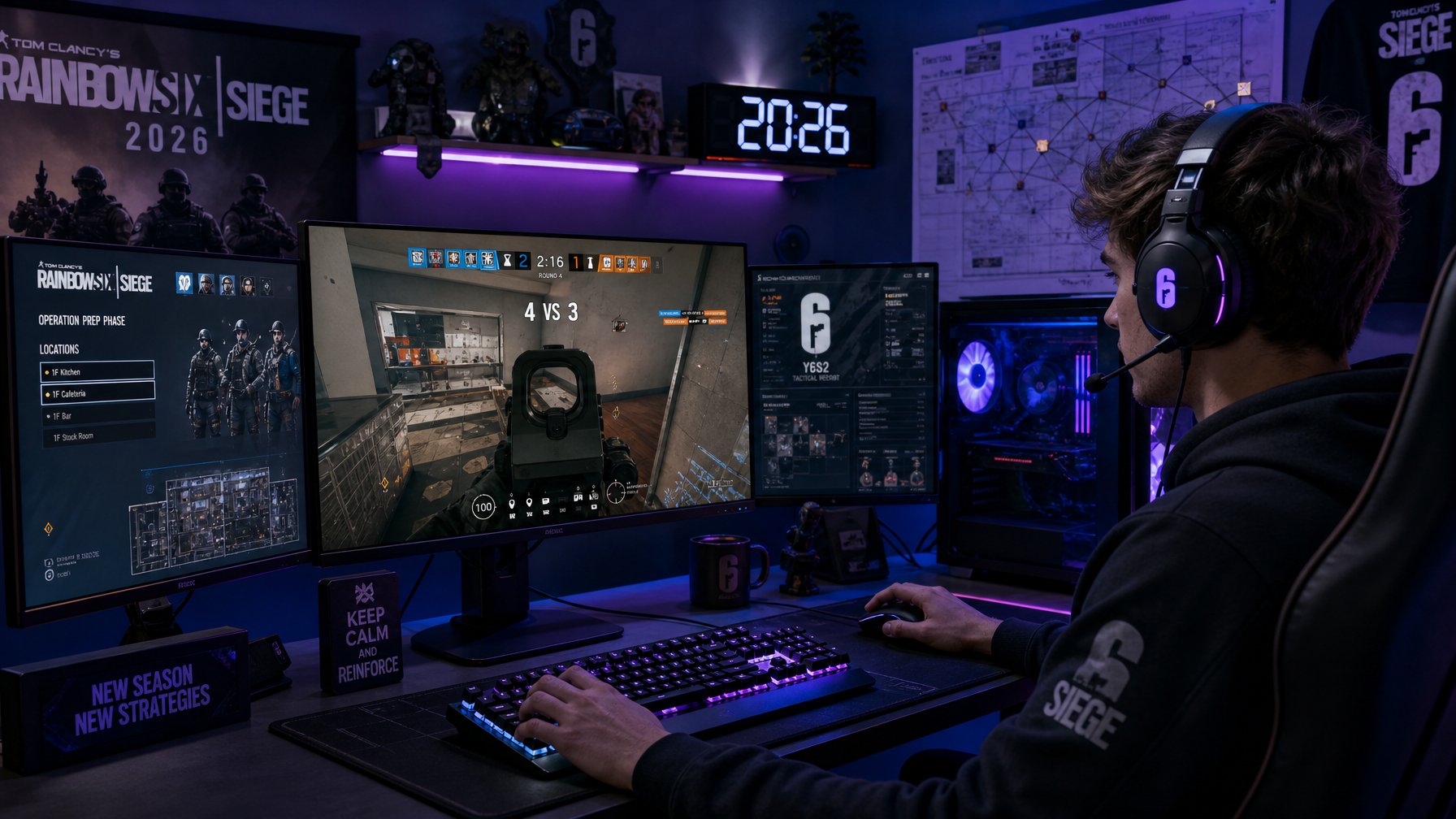 Seorang gamer muda bermain Rainbow Six Siege di depan komputer dengan beberapa monitor dan pencahayaan RGB di ruangan gelap.