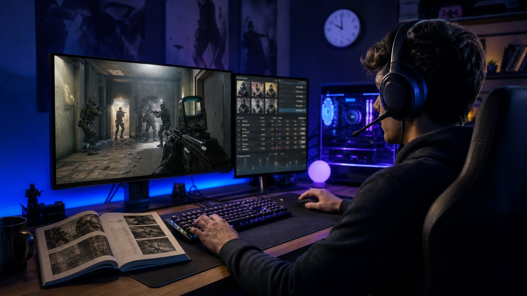 Seorang pemain muda sedang bermain game Rainbow Six Siege dengan fokus di depan komputer dengan beberapa monitor dan pencahayaan ambient biru dan ungu.