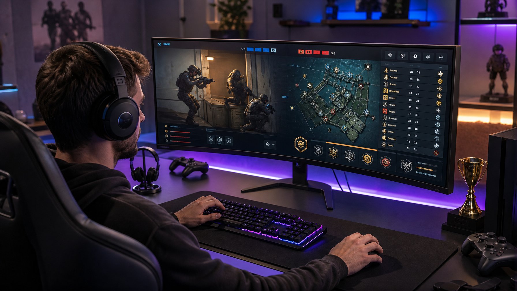Seorang pemain game sedang fokus bermain Rainbow Six Siege di depan layar komputer dengan peralatan gaming lengkap di meja.