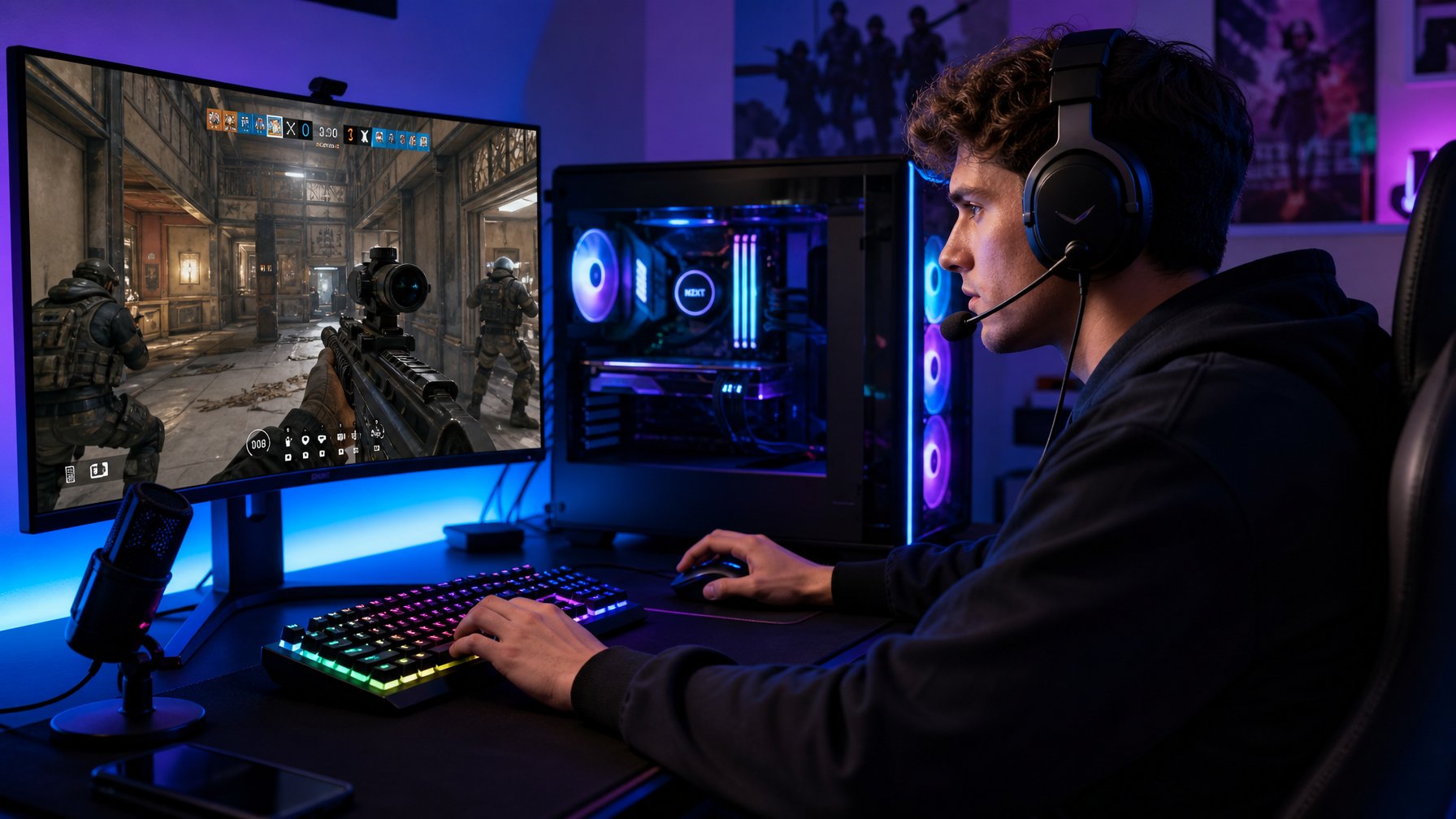 Seorang pemain muda fokus bermain game Rainbow Six Siege di depan komputer dengan pencahayaan ruangan yang redup.