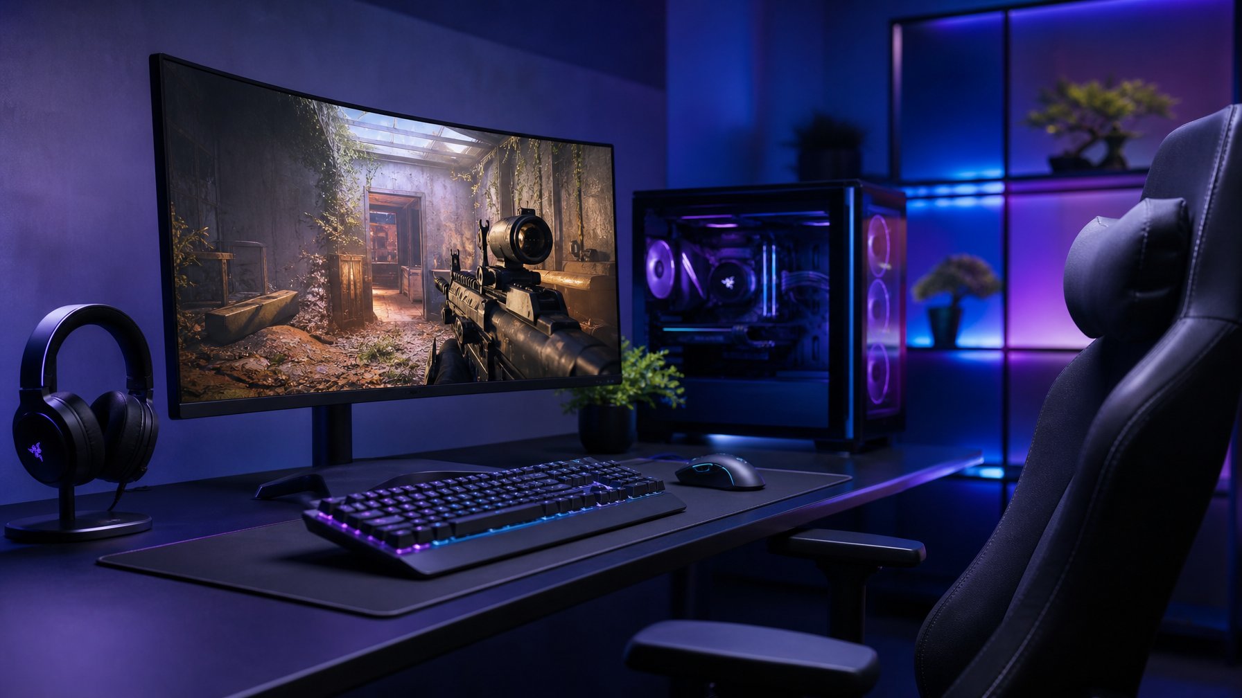 Sebuah ruang gaming modern dengan meja lengkap, monitor besar menampilkan permainan tembak-menembak, keyboard mekanik, mouse gaming, dan kursi ergonomis.