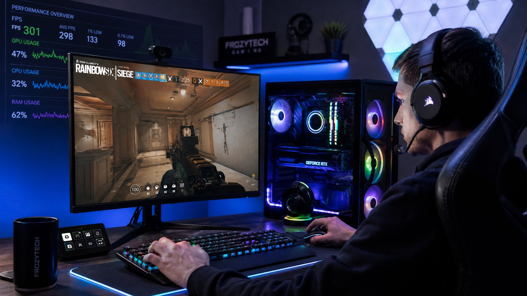 Seorang gamer fokus menggunakan komputer dengan layar menampilkan permainan Rainbow Six Siege, di meja yang rapi dengan peralatan gaming lengkap.