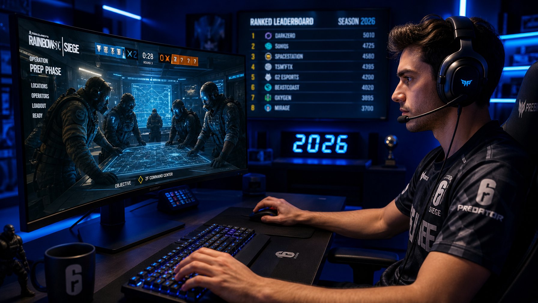 Seorang pemain esports fokus bermain Rainbow Six Siege dengan layar besar menampilkan peta dan karakter dalam permainan, di meja gaming dengan perlengkapan lengkap.