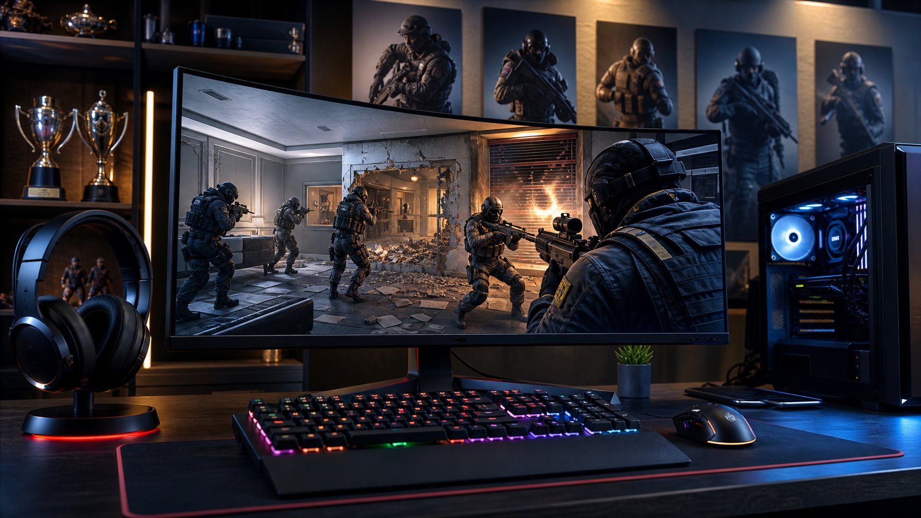 Sebuah setup gaming dengan monitor yang menampilkan adegan pertempuran dari Rainbow Six Siege, dikelilingi oleh perangkat gaming dan trofi esports.