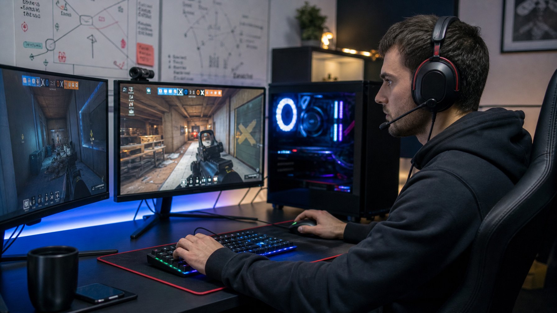 Seorang pria muda sedang bermain game di depan komputer dengan headset dan setup gaming modern.
