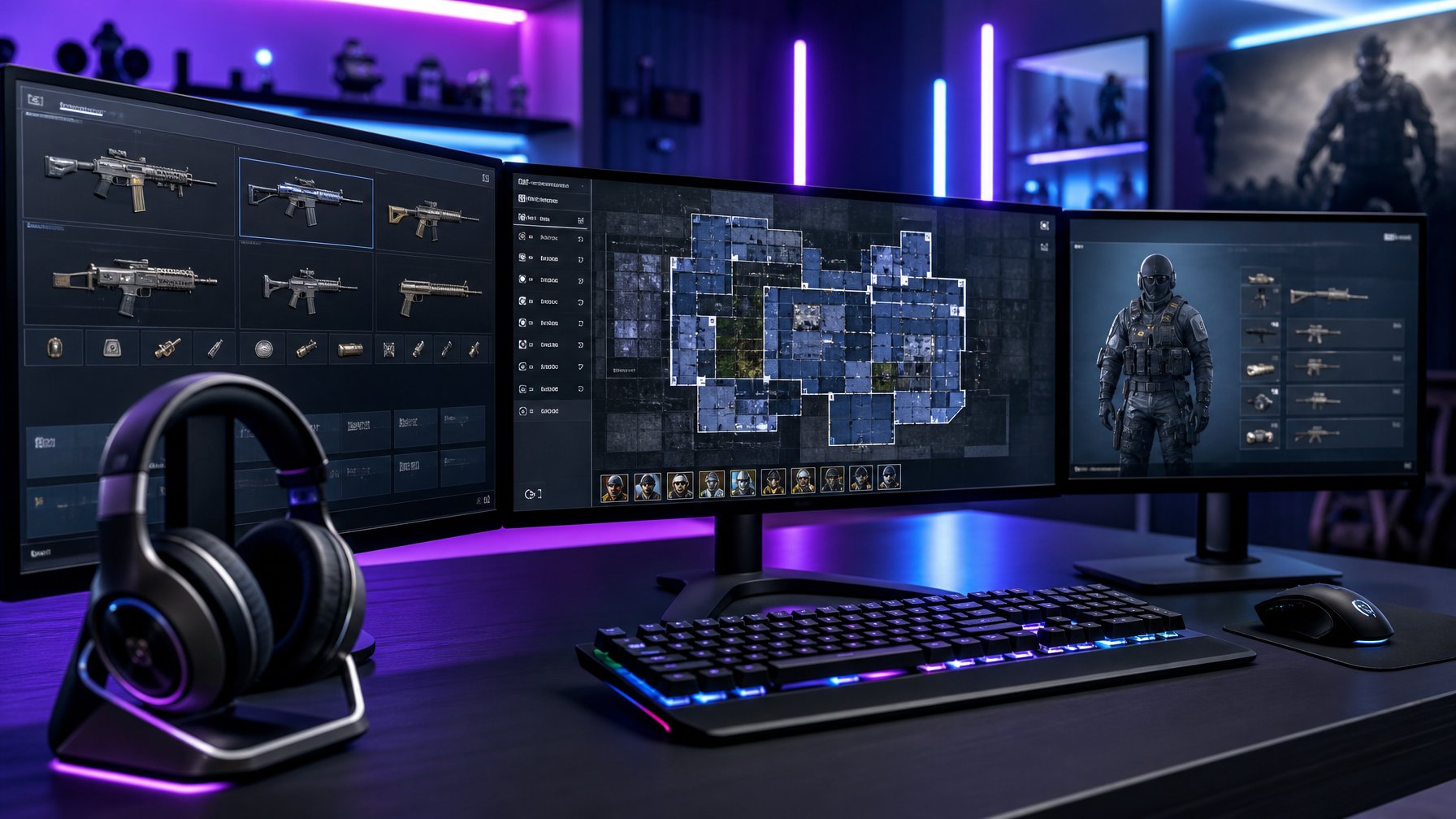 Sebuah meja gaming dengan beberapa monitor menampilkan peta permainan dan pilihan senjata, dilengkapi dengan keyboard, mouse, dan headset di lingkungan berteknologi tinggi.
