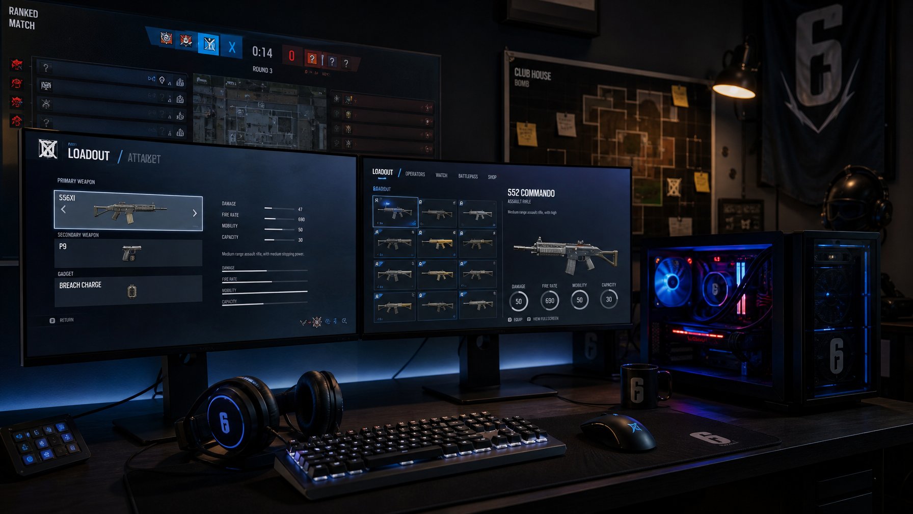 Seorang pemain game sedang duduk di depan komputer dengan layar yang menampilkan menu senjata dan statistik dalam permainan, dikelilingi oleh peralatan gaming di ruang bermain.