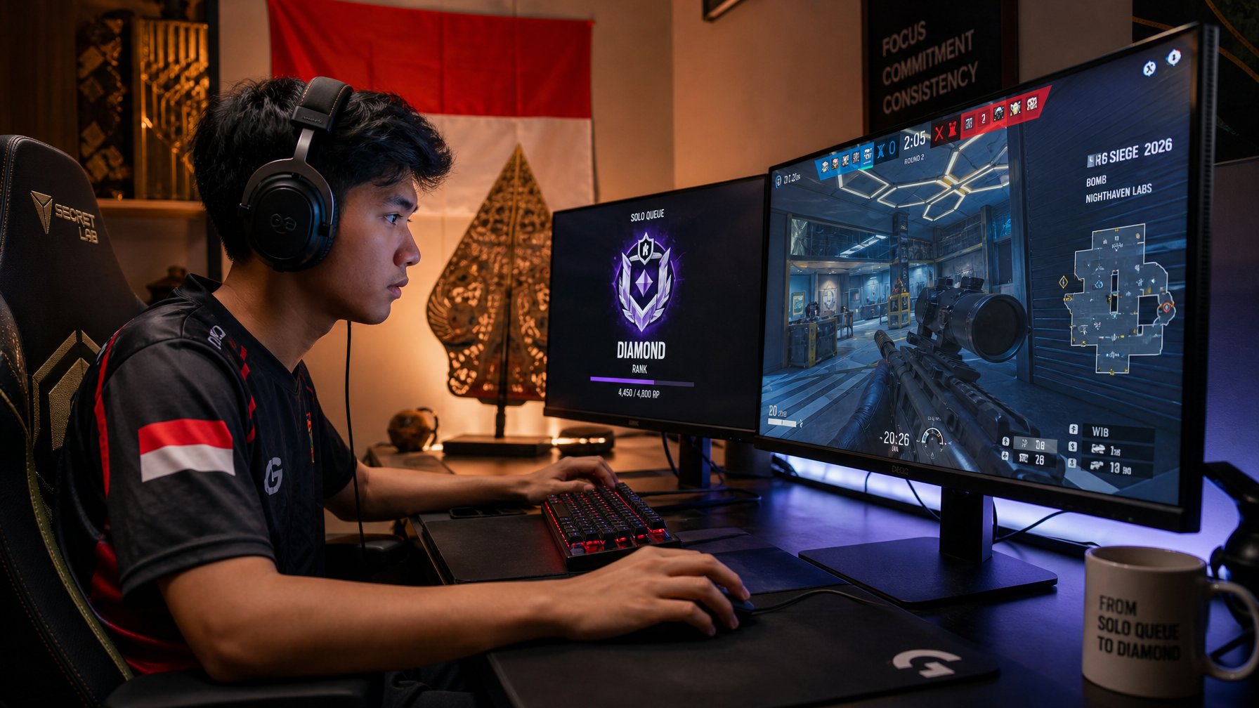Seorang pemain game muda dari Indonesia sedang bermain Rainbow Six Siege di komputer dengan fokus tinggi.