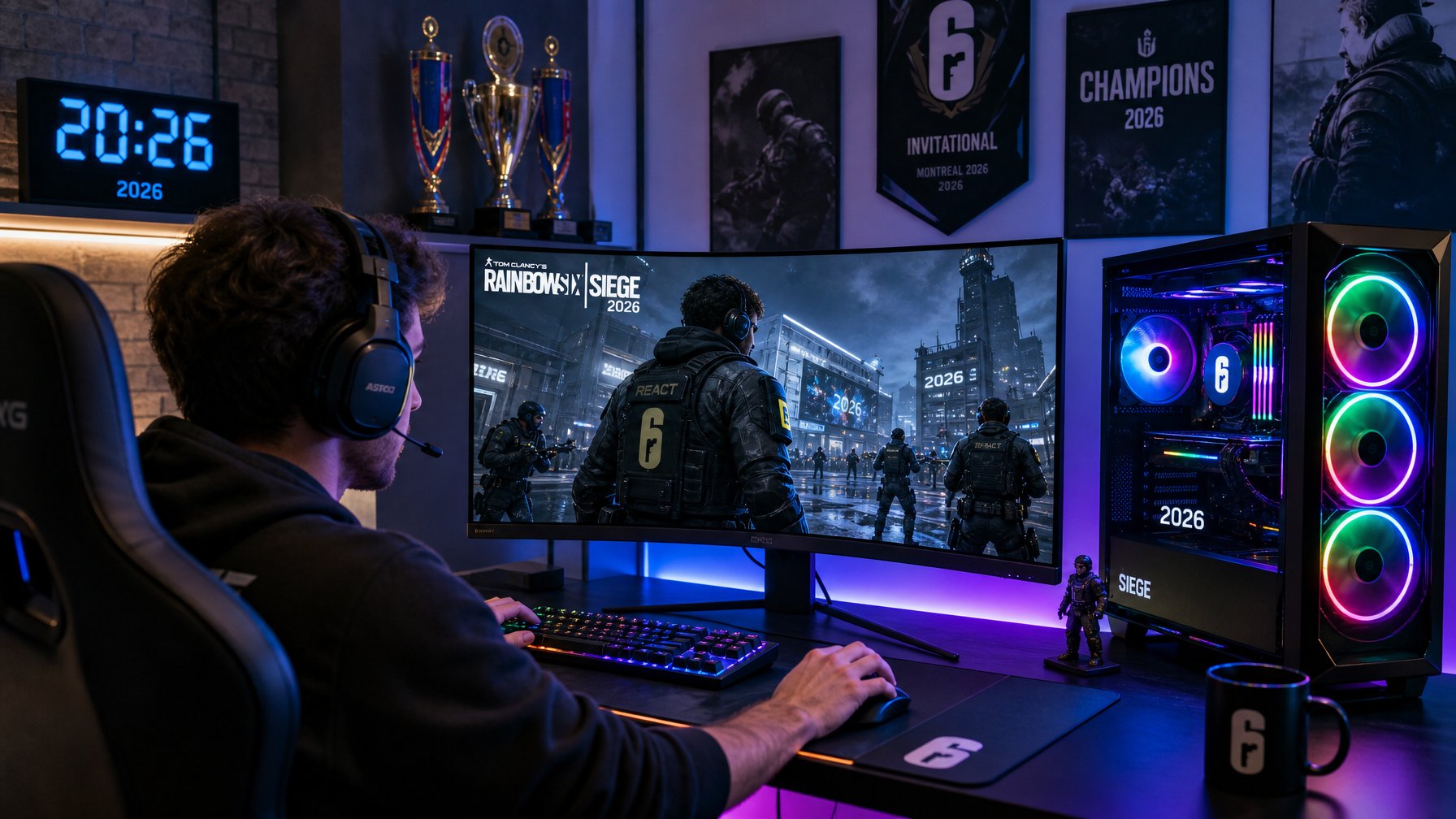 Seorang gamer fokus bermain Rainbow Six Siege dengan setup komputer modern dan layar besar menampilkan adegan permainan intens.