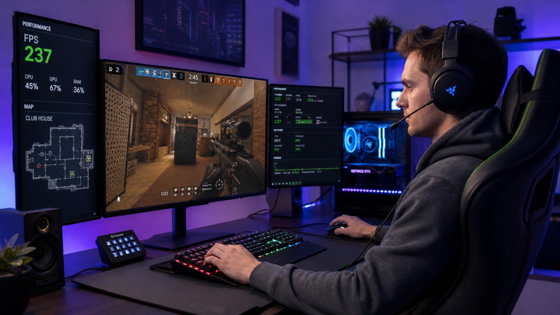 Seorang pemain game serius sedang bermain di komputer dengan beberapa monitor yang menampilkan permainan taktis.