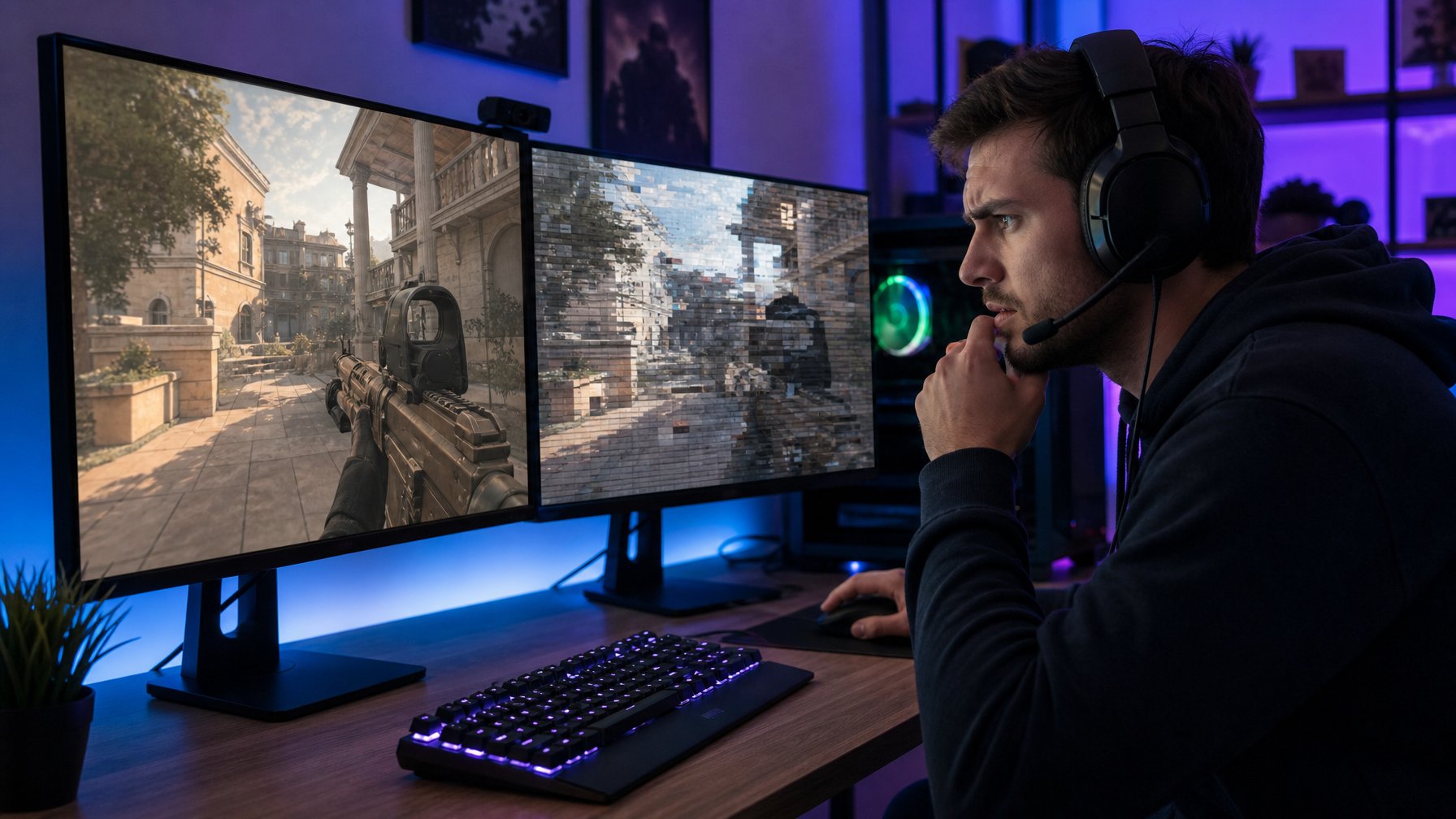 Seorang pemain game sedang duduk di depan dua monitor dengan tampilan permainan Rainbow Six Siege yang berjalan lancar di satu layar dan lag di layar lainnya.