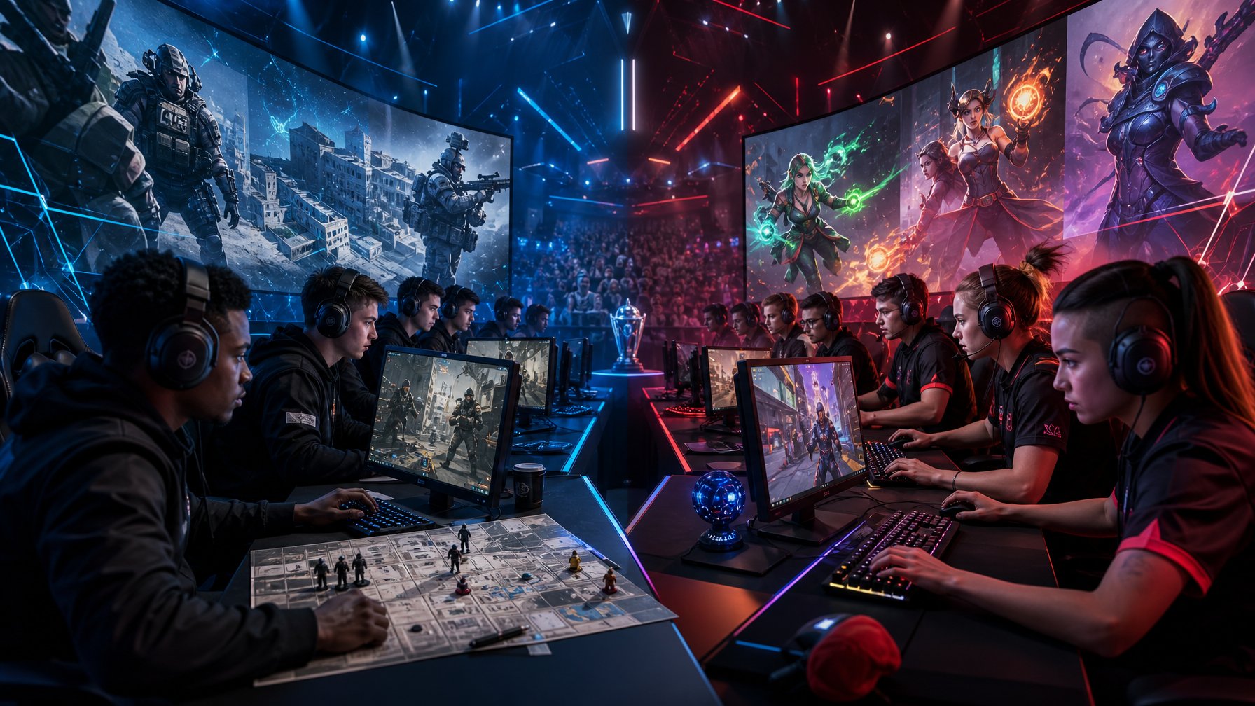 Dua tim esports sedang bertanding dengan serius dalam suasana arena futuristik, menggunakan perangkat gaming canggih dan layar besar yang menampilkan permainan taktis.