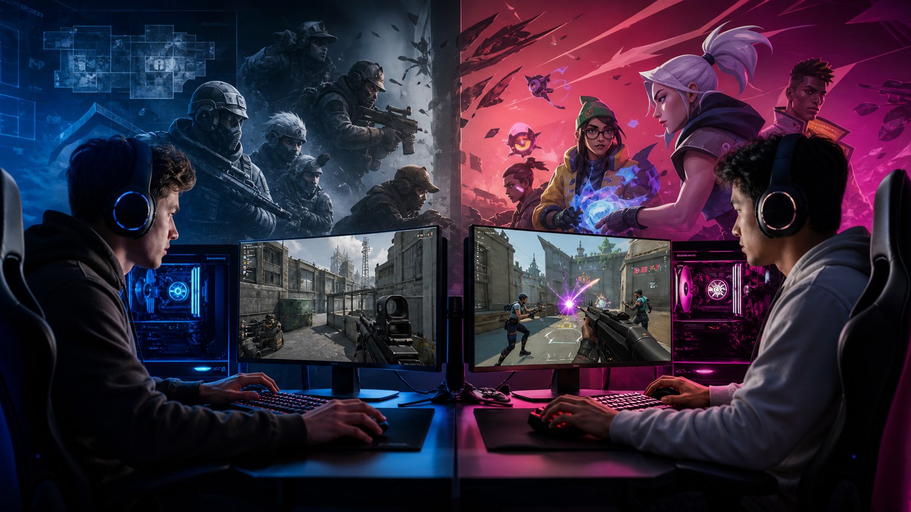 Dua pemain game sedang fokus bermain di setup gaming modern, satu mewakili Rainbow Six Siege 2026 dan satu lagi Valorant, dengan latar belakang yang menampilkan elemen dari kedua game tersebut.