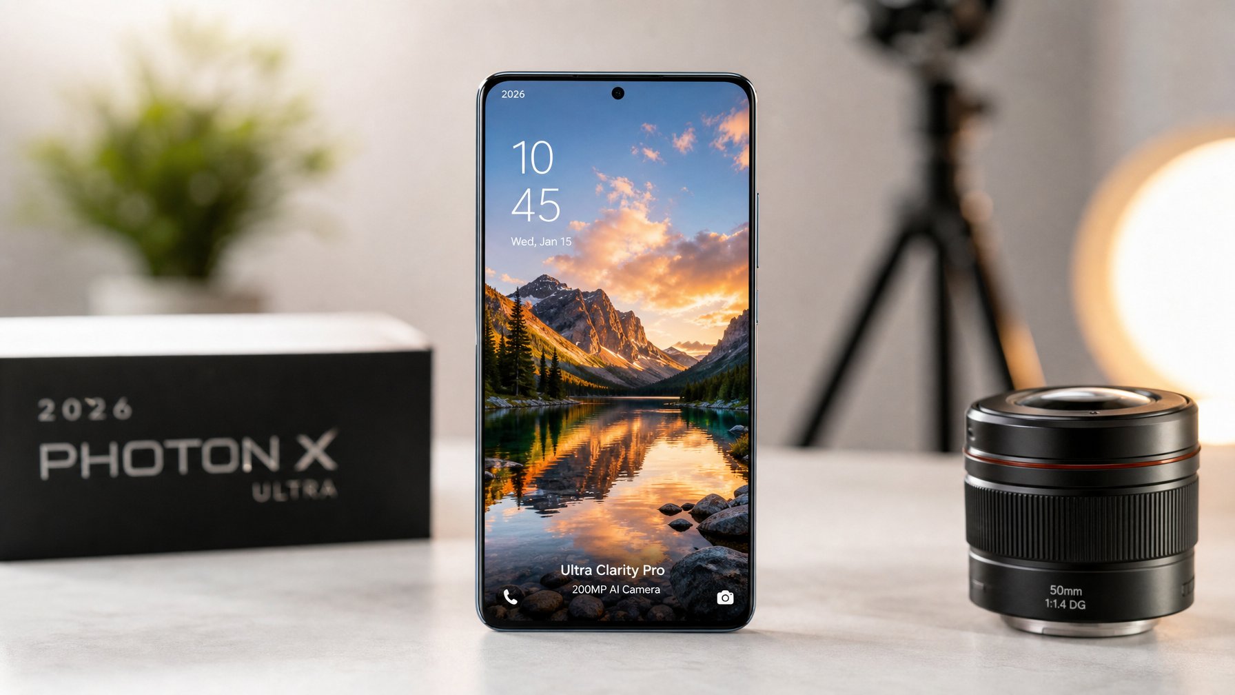 Smartphone modern dengan layar menampilkan foto berkualitas tinggi, diletakkan di atas permukaan minimalis dengan latar belakang buram.