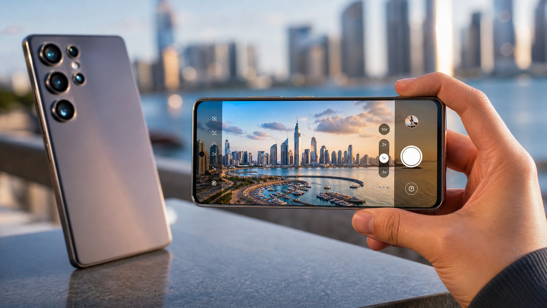 Seseorang memegang smartphone modern yang sedang mengambil foto pemandangan luar ruangan dengan warna cerah dan detail tajam.
