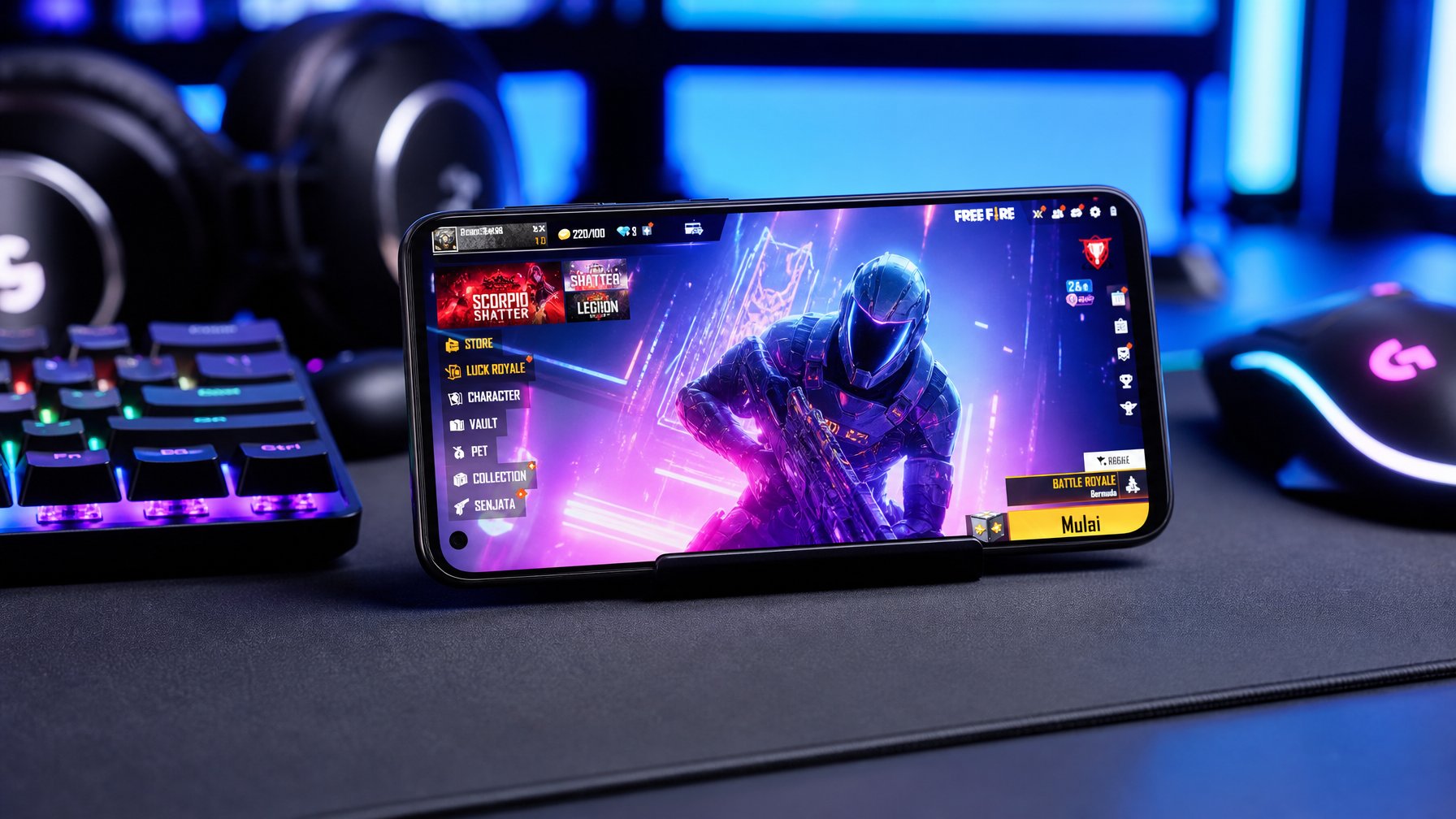 Sebuah smartphone modern diletakkan di meja gaming dengan aksesori seperti keyboard, mouse, dan headset di sekitarnya.