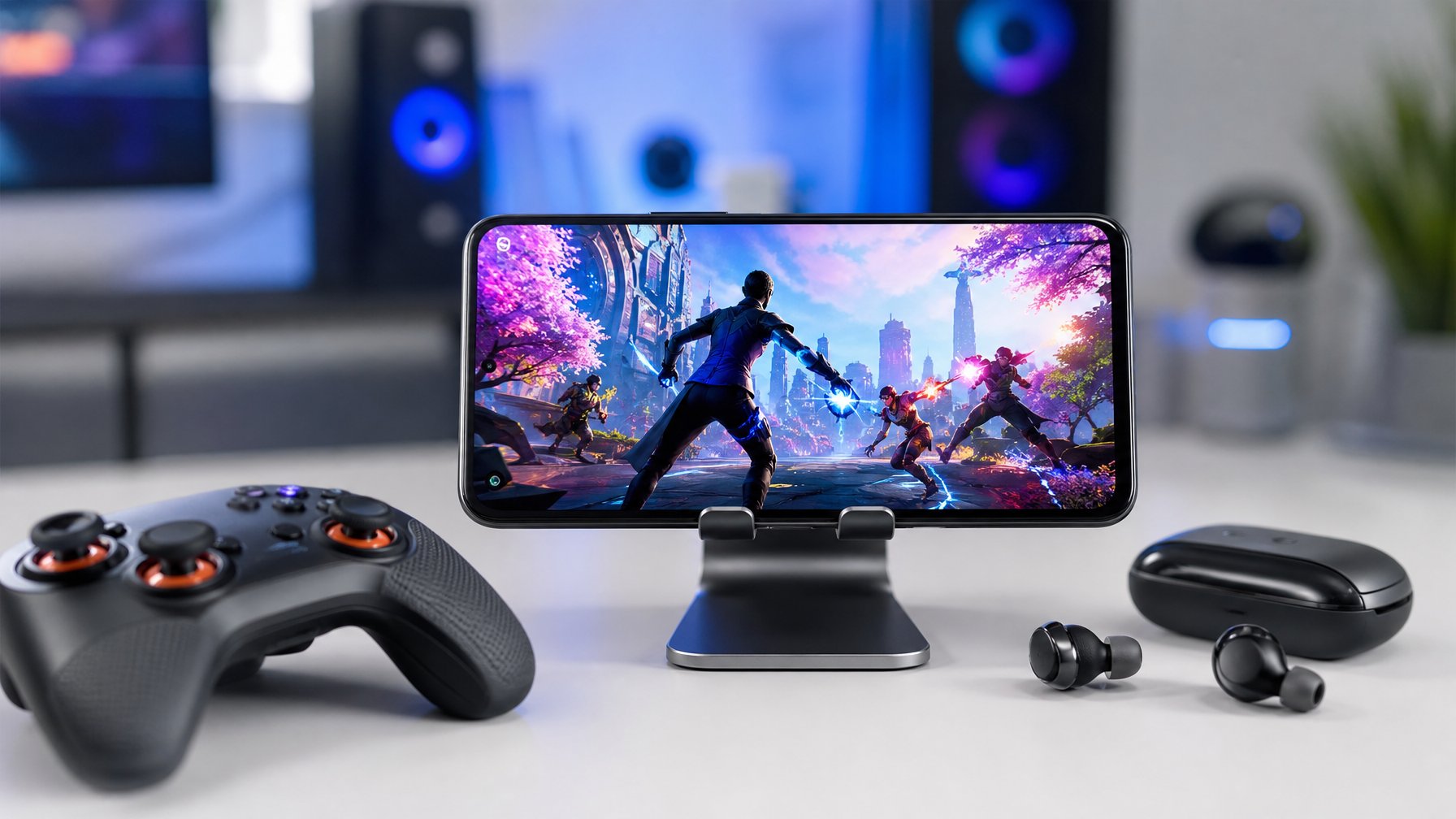 Smartphone gaming dengan layar cerah dan aksesori game di atas meja.