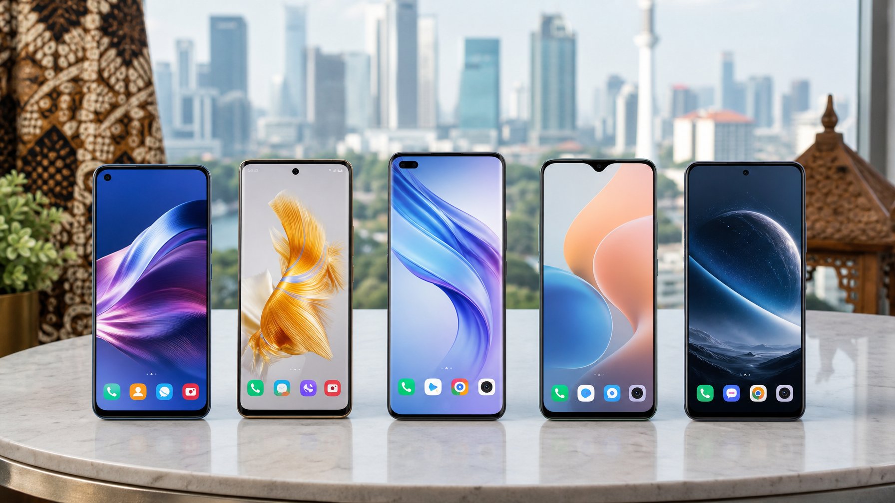 Beberapa smartphone terbaru dan populer tahun 2026 ditampilkan di atas meja dengan latar belakang kota Jakarta yang samar.