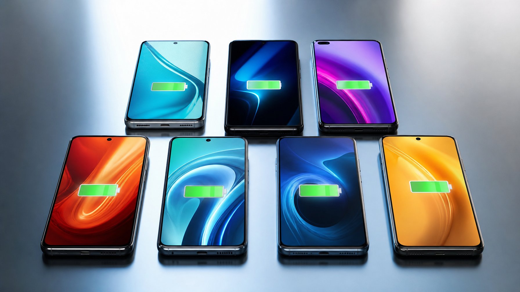 Tujuh smartphone modern yang rapi di atas permukaan reflektif dengan ikon baterai yang terlihat jelas.