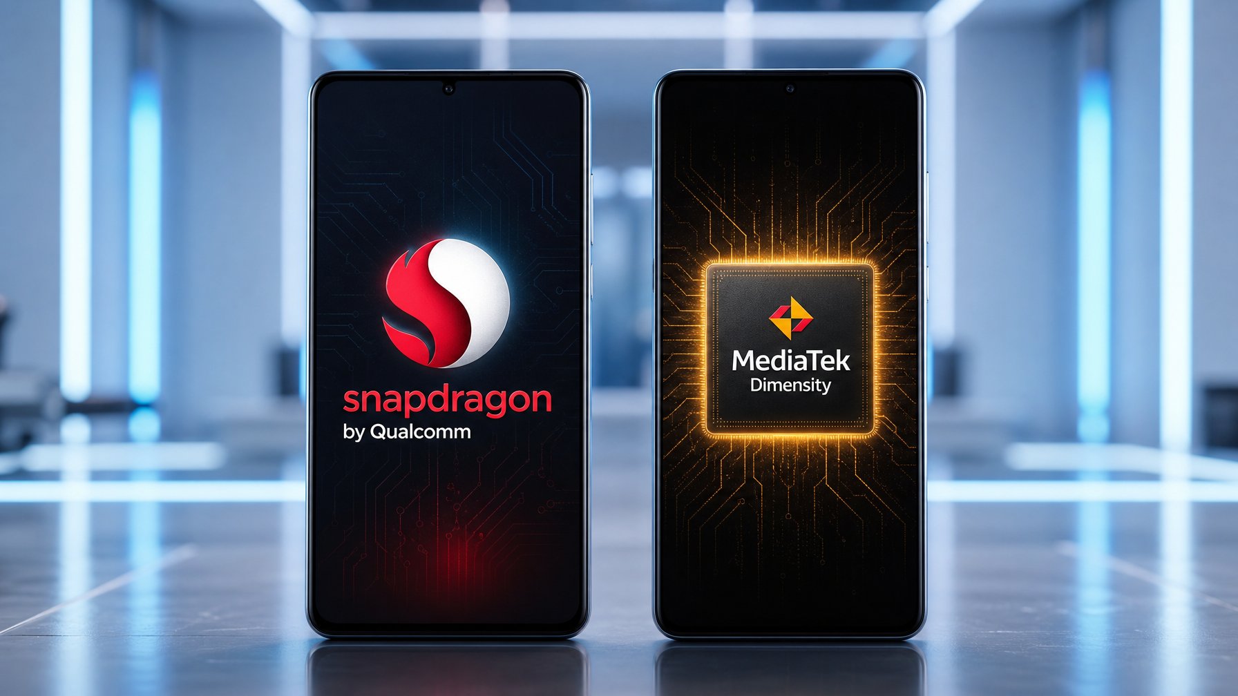 Dua smartphone modern hadir di atas permukaan reflektif dengan latar belakang teknologi minimalis.