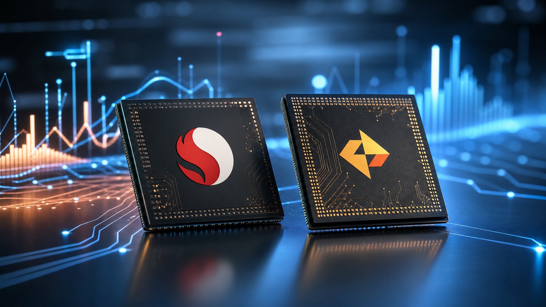 Dua chipset smartphone modern dipadukan dengan latar belakang teknologi digital dan elemen sirkuit yang menyala.