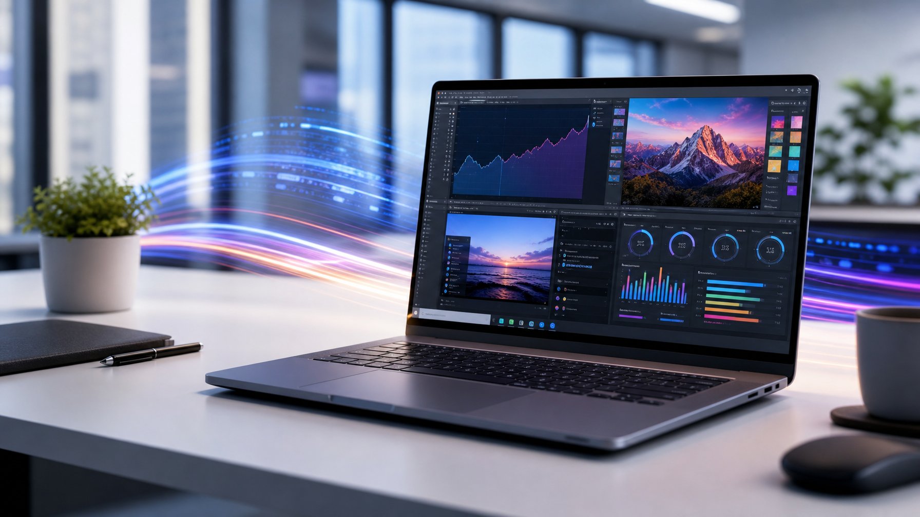 Laptop modern terbuka di atas meja kantor dengan layar menampilkan beberapa jendela aplikasi yang menunjukkan multitasking.
