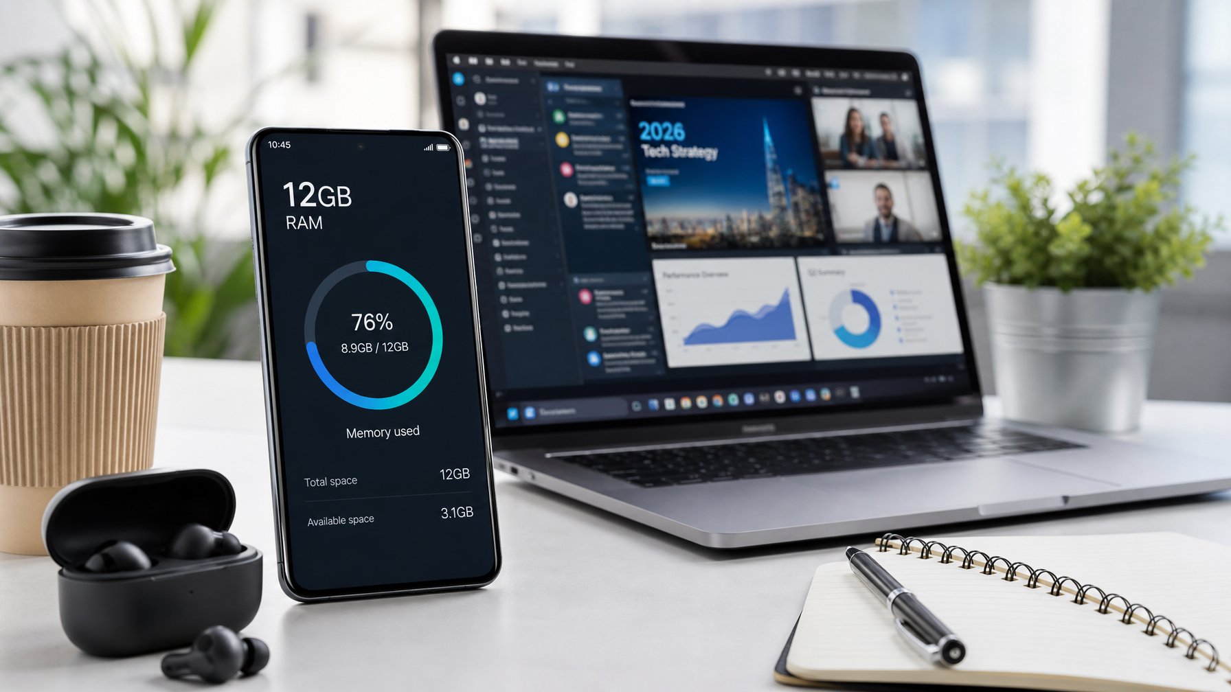 Meja kerja dengan smartphone dan laptop yang menunjukkan aktivitas multitasking, dilengkapi dengan cangkir kopi dan alat tulis.