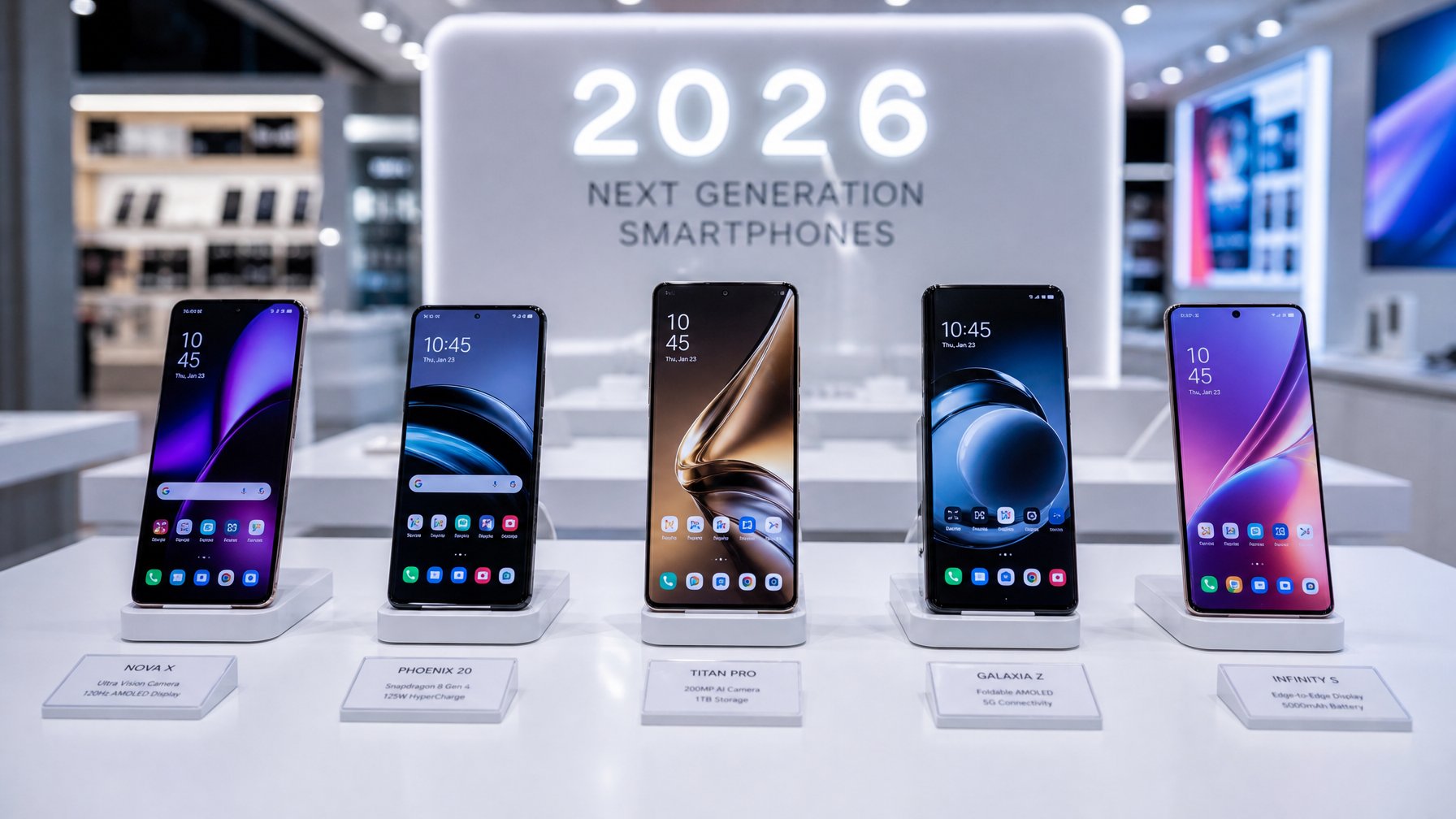 Beberapa smartphone terbaru tahun 2026 ditampilkan rapi di atas permukaan mengkilap dengan latar belakang toko teknologi yang samar.