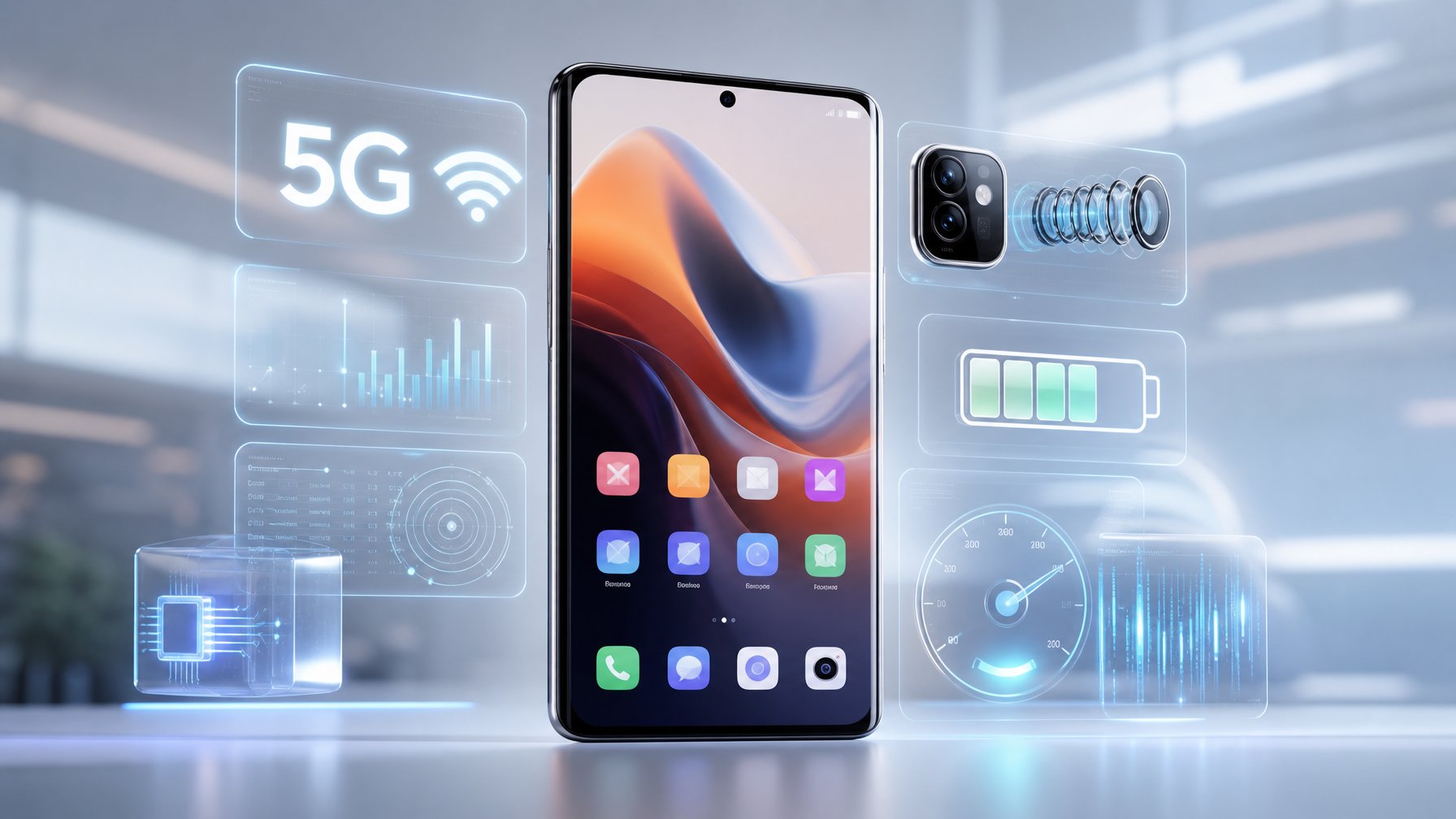 Sebuah smartphone modern dengan layar cerah menampilkan ikon aplikasi, dikelilingi oleh elemen digital yang menggambarkan fitur dan spesifikasi teknologi terbaru.