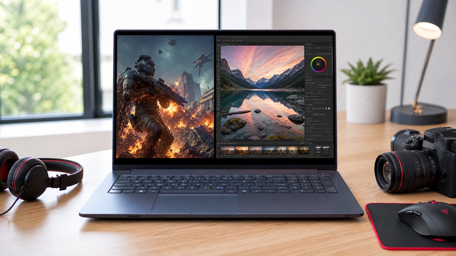 Sebuah laptop modern di atas meja dengan layar yang menampilkan grafik permainan dan perangkat lunak pengeditan foto, dikelilingi oleh mouse gaming, headphone, dan kamera DSLR.