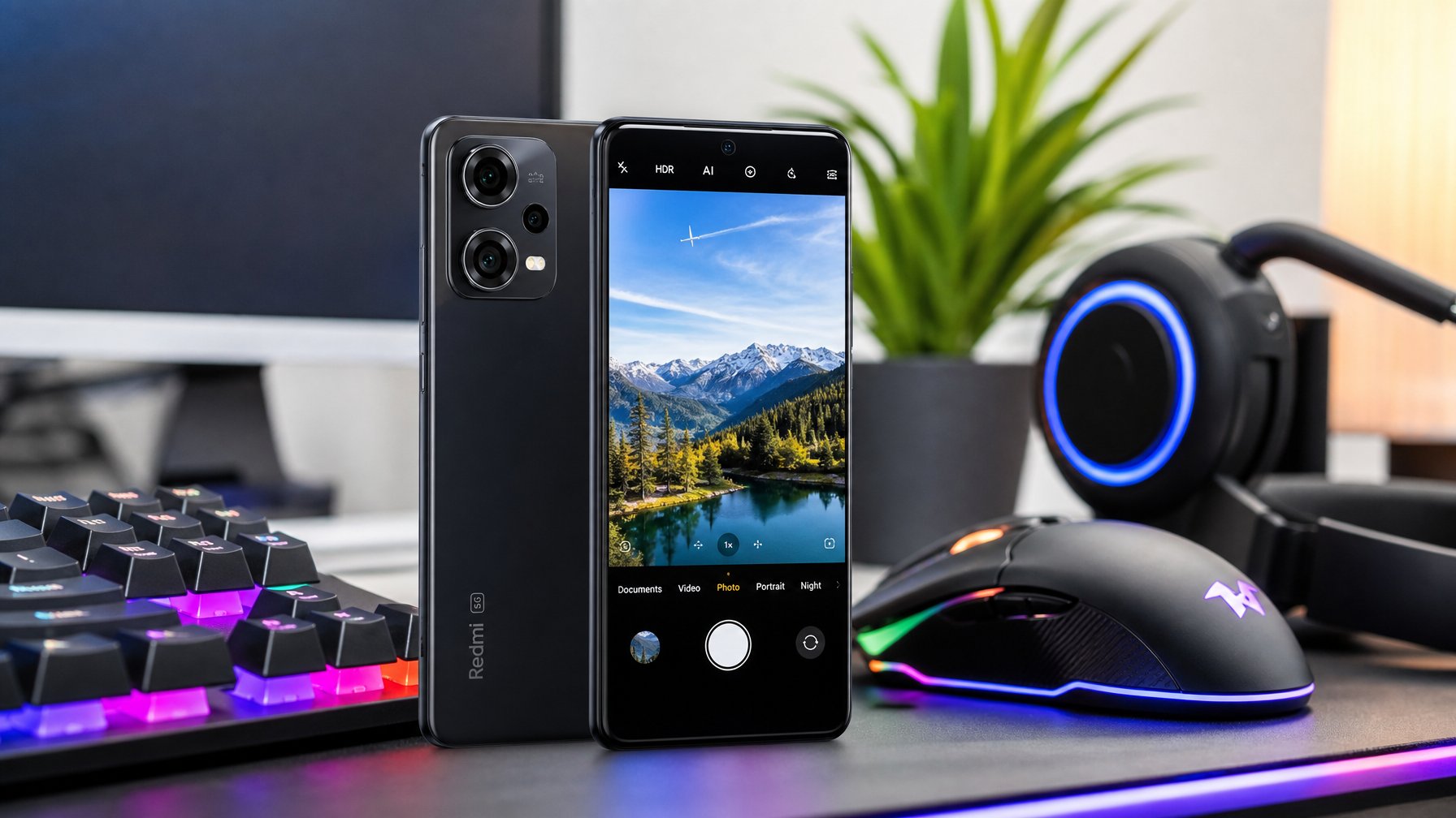 Sebuah ponsel modern Ditempatkan di atas meja dengan aksesori gaming di sekitarnya dan layar menampilkan foto pemandangan.
