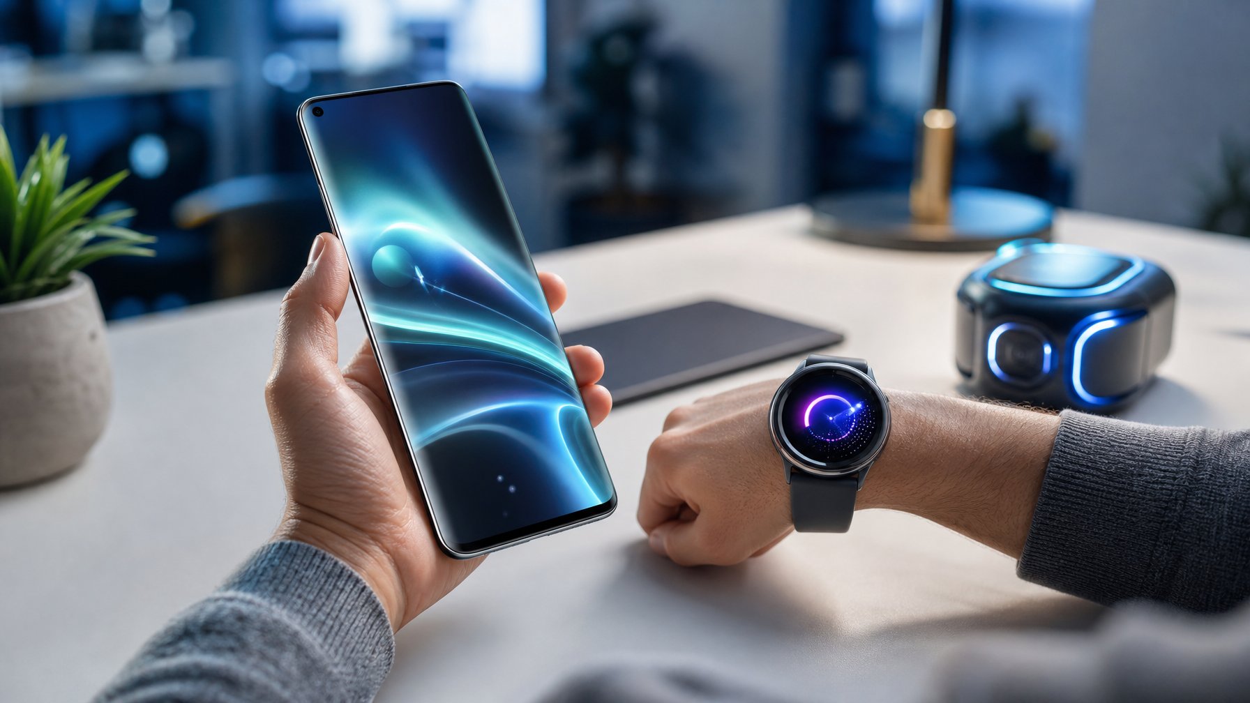 Foto menampilkan smartphone futuristik, smartwatch modern di pergelangan tangan, dan perangkat AI canggih di atas meja kerja yang rapi dan terang.