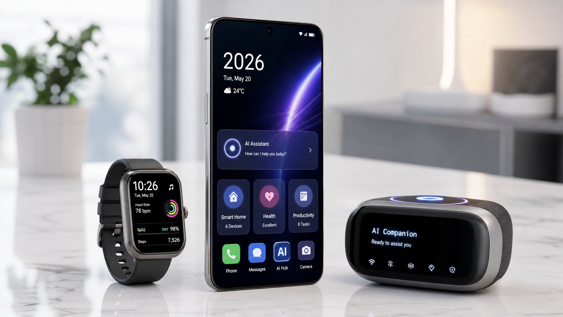 Beberapa perangkat teknologi terbaru termasuk smartphone, smartwatch, dan perangkat AI yang ditata rapi di atas meja putih.