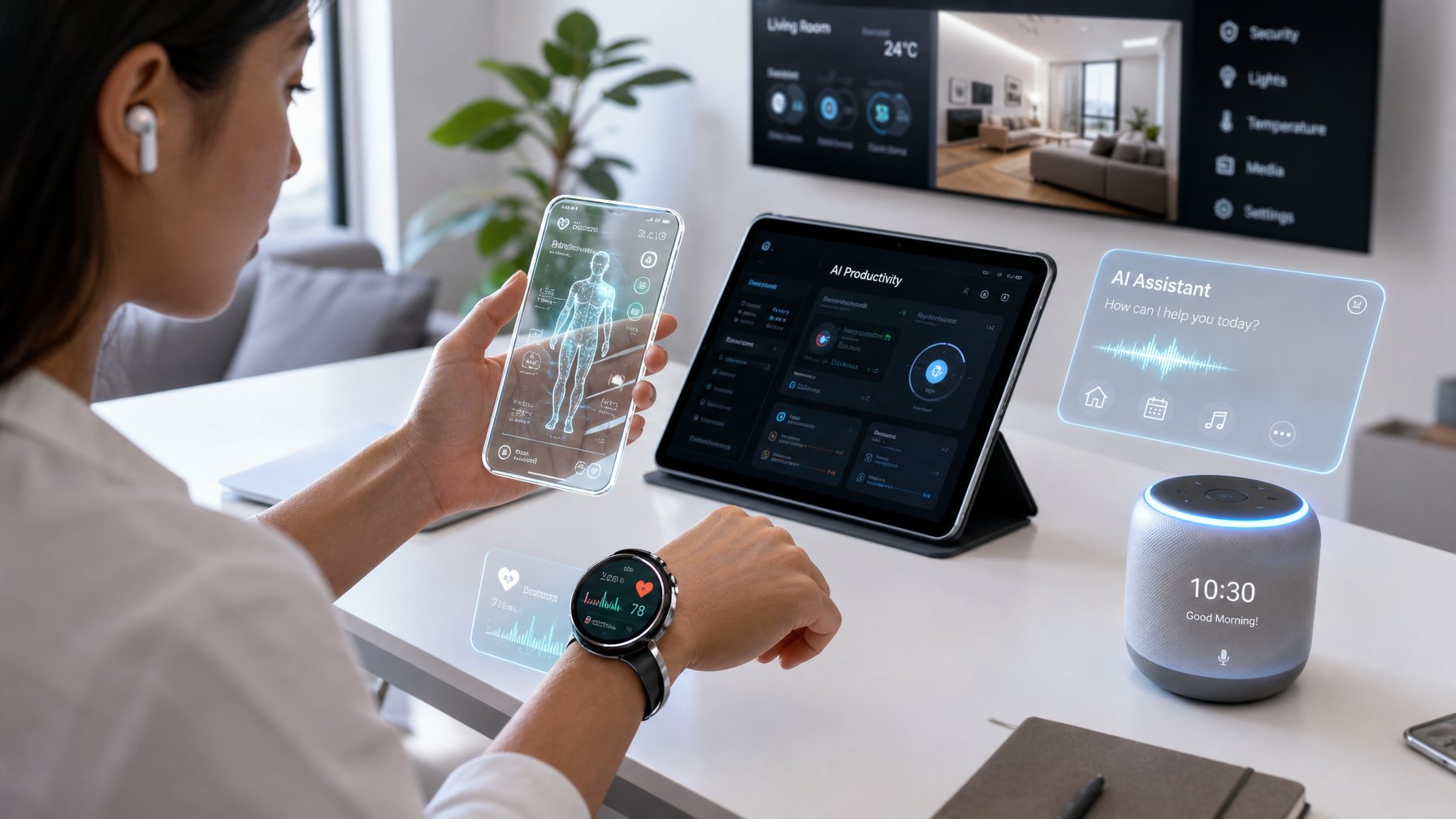 Orang menggunakan berbagai gadget futuristik dengan teknologi AI di ruang kerja modern yang terang.