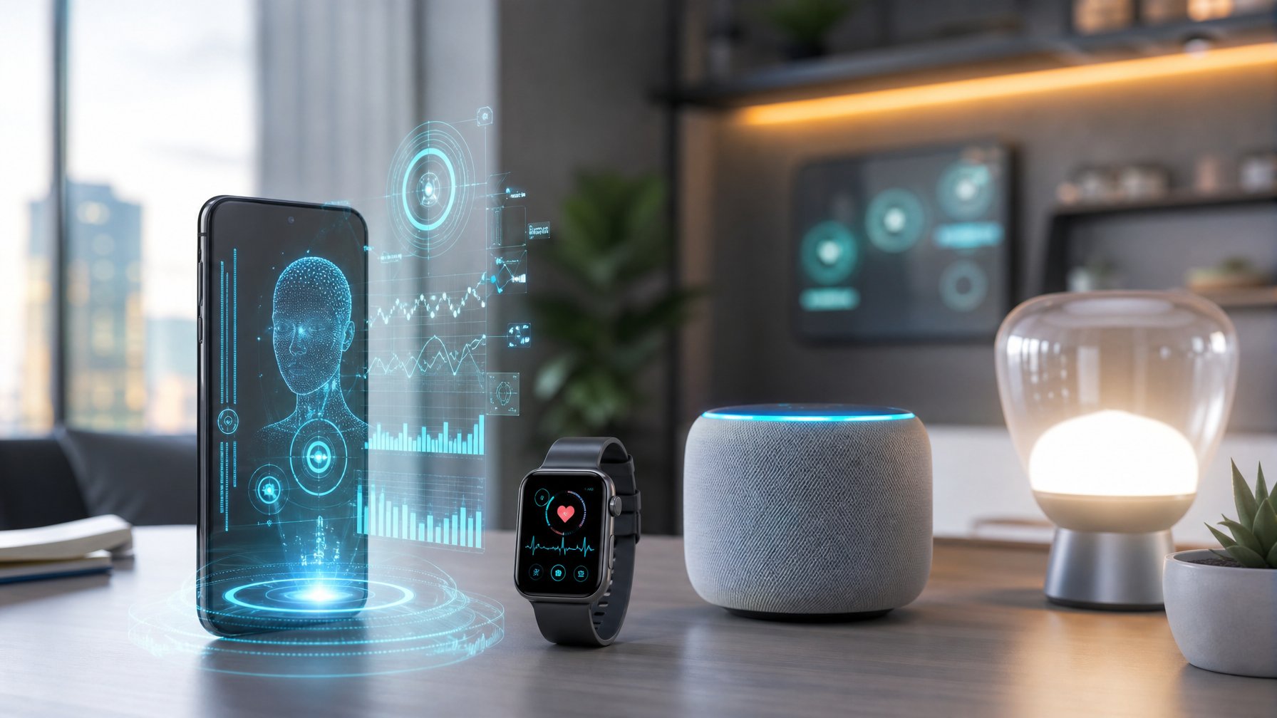 Beberapa gadget modern dengan fitur AI seperti holografik smartphone, jam tangan pintar, dan perangkat rumah pintar di atas meja dengan latar belakang teknologi futuristik.
