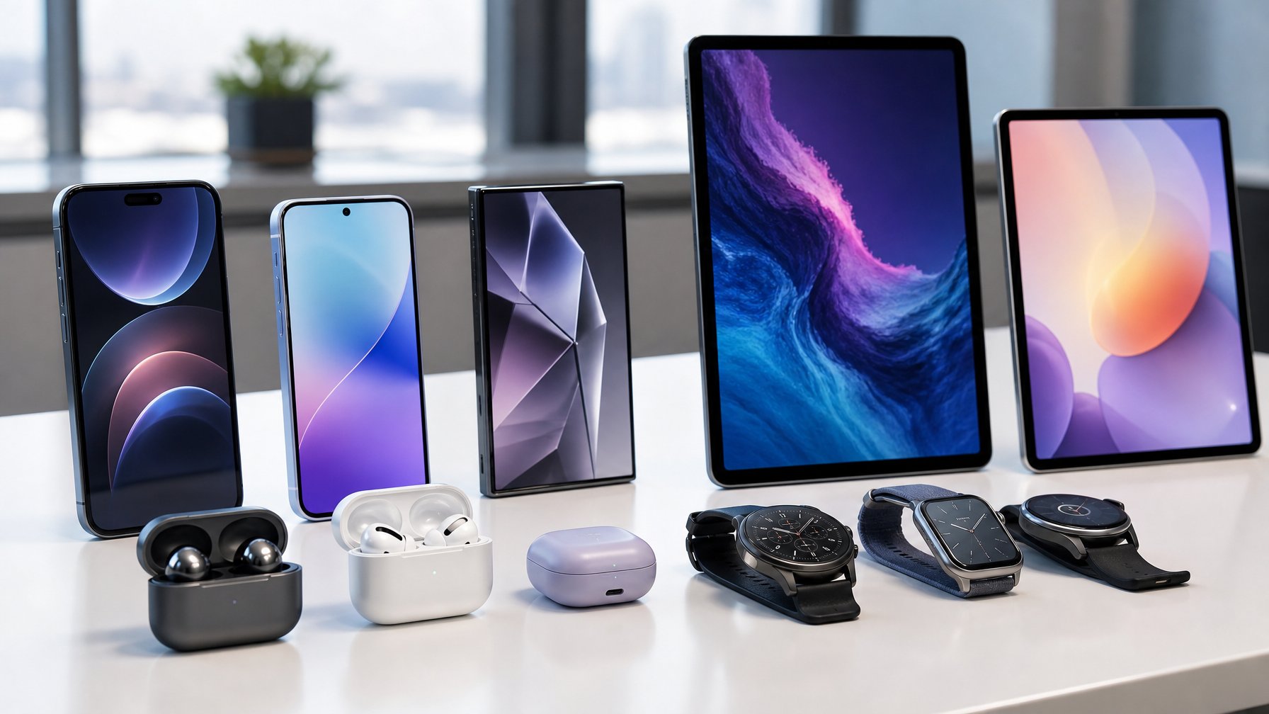Beberapa gadget terbaru tahun 2026 seperti smartphone, smartwatch, dan tablet yang ditata rapi di atas meja putih dengan latar belakang minimalis.