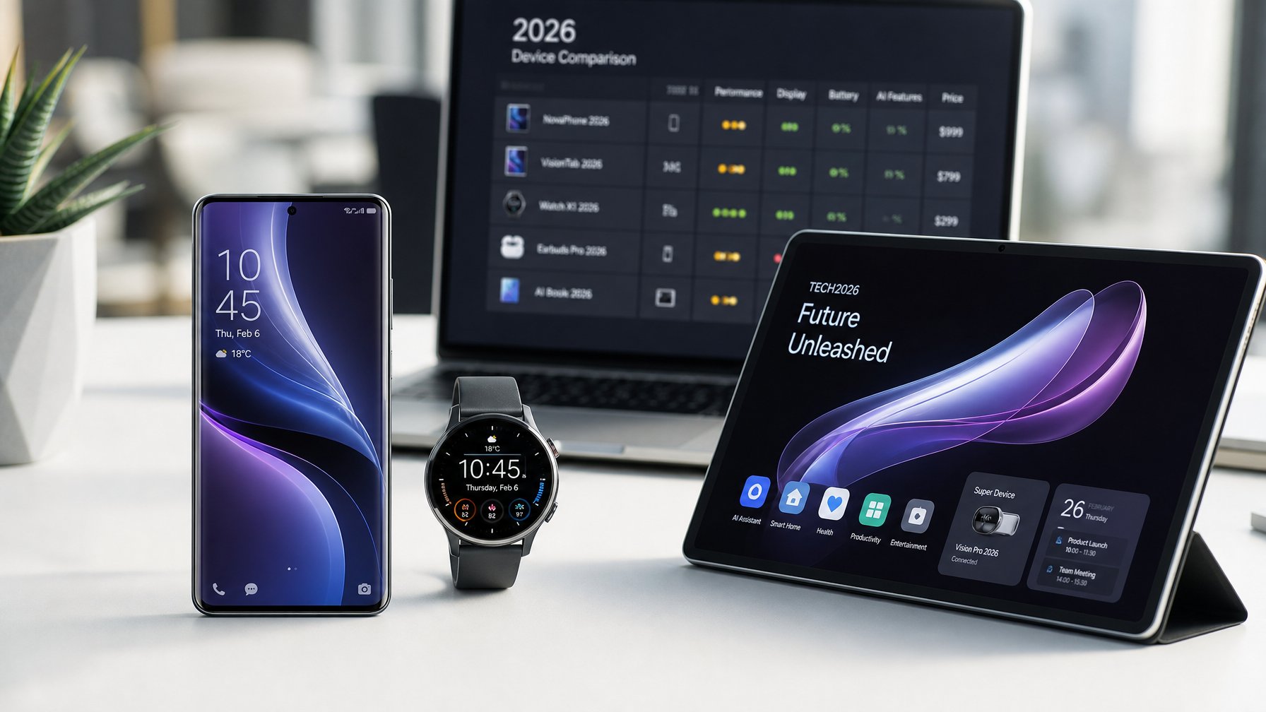 Meja kerja dengan berbagai gadget terbaru tahun 2026 seperti smartphone, jam tangan pintar, dan tablet, dengan layar laptop yang menampilkan grafik di latar belakang.