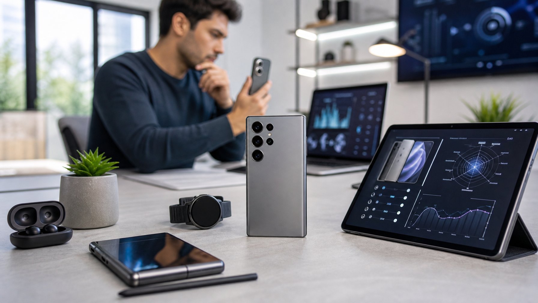 Seorang reviewer teknologi muda sedang mengamati gadget terbaru di meja kerja yang rapi dengan aksesori teknologi di sekitarnya.