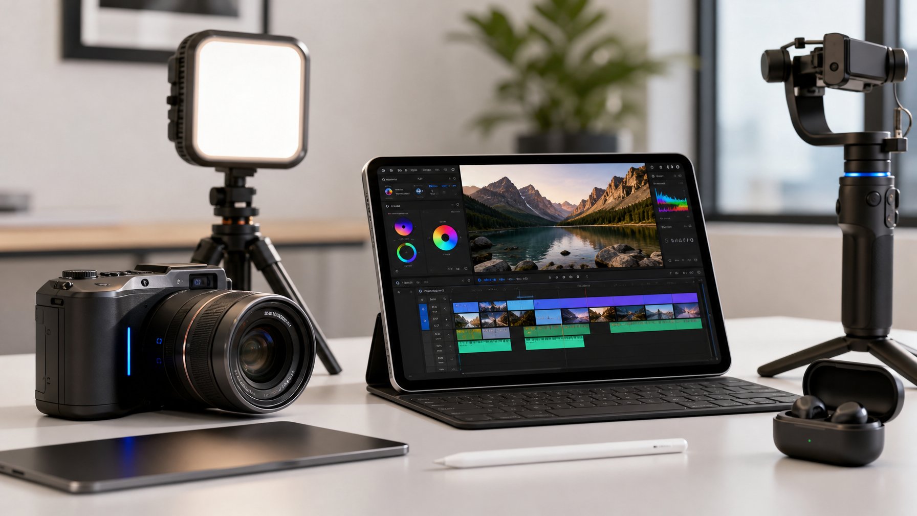 Perangkat terbaru tahun 2026 untuk pembuat konten yang terdiri dari kamera AI, tablet, dan aksesori di atas meja kerja minimalis.