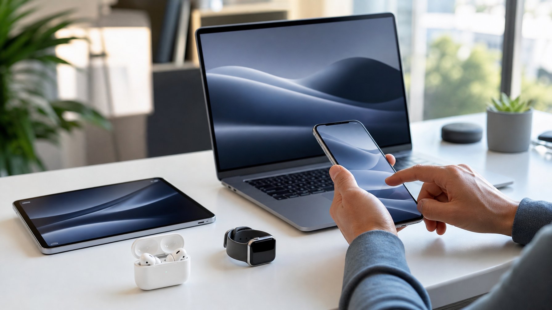 Meja kerja modern dengan gadget terbaru seperti smartphone, tablet, smartwatch, dan laptop, dengan tangan seseorang sedang menggunakan smartphone.